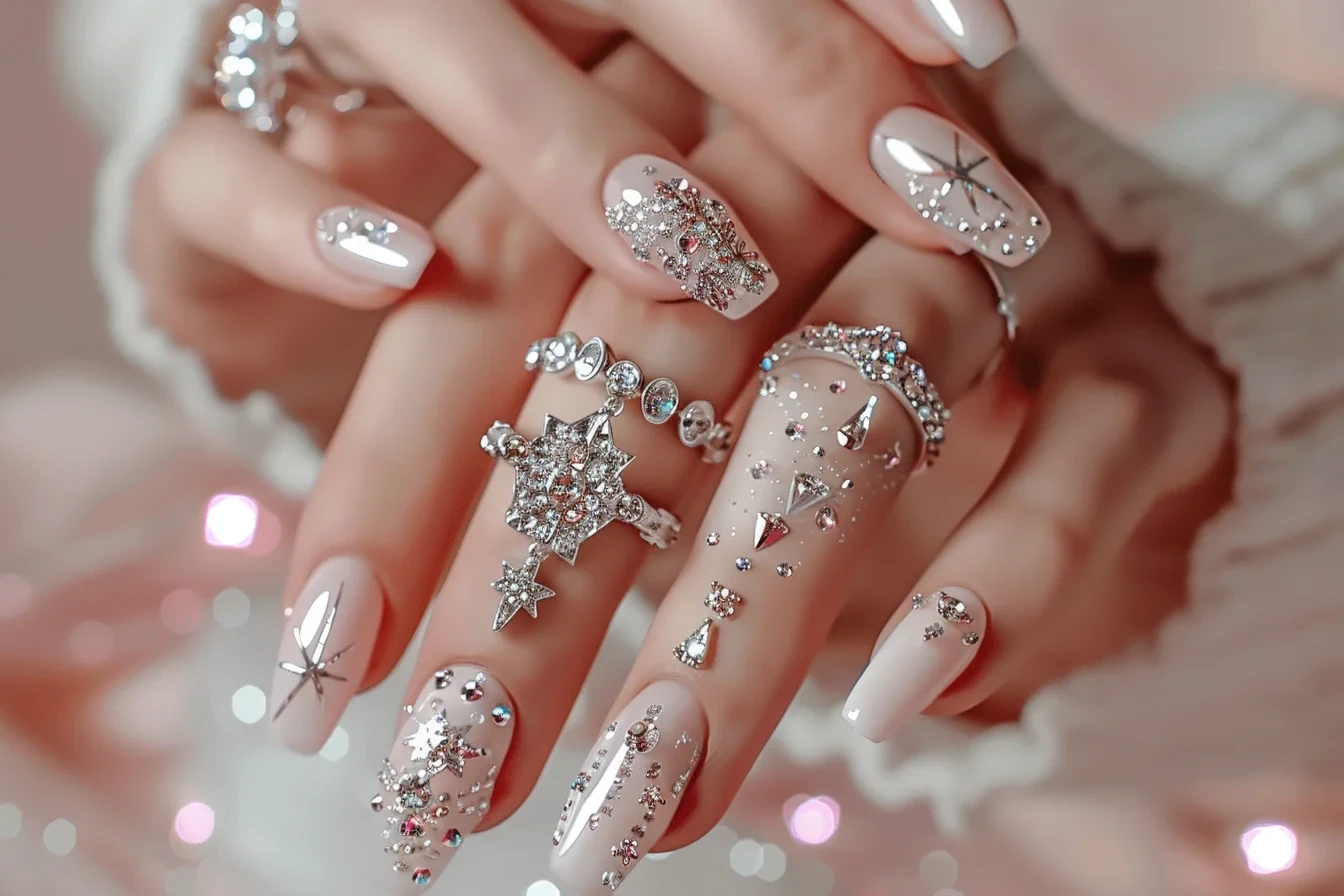 The diamond nail art is displayed on the hands of girls wearing rings