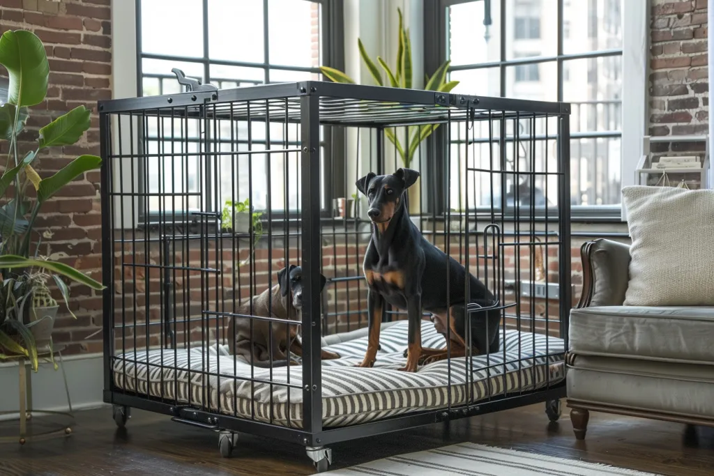 The dog cage is made of steel and has wheels for easy movement