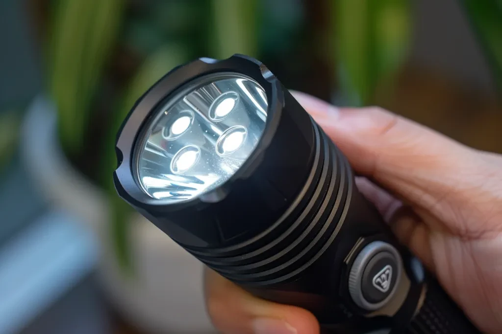 The flashlight is held in the hand