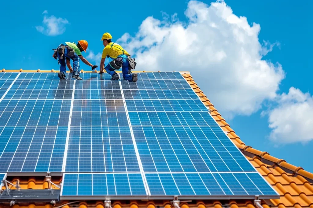 The illest workers working on the roof of the house with solar panels