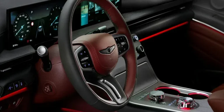 The interior of the Genesis GV80's driver's seat and steering wheel.
