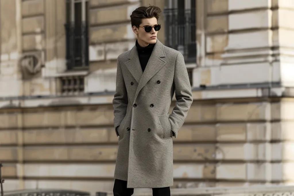 The man is wearing an oversized long wool coat