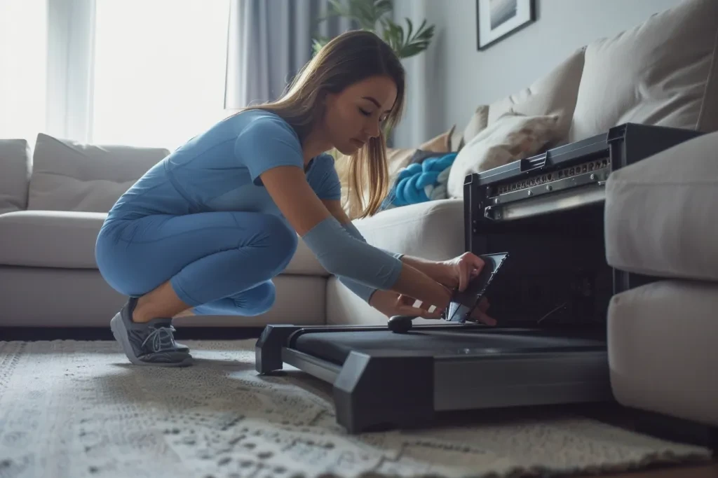 The metal box contains a treadmill