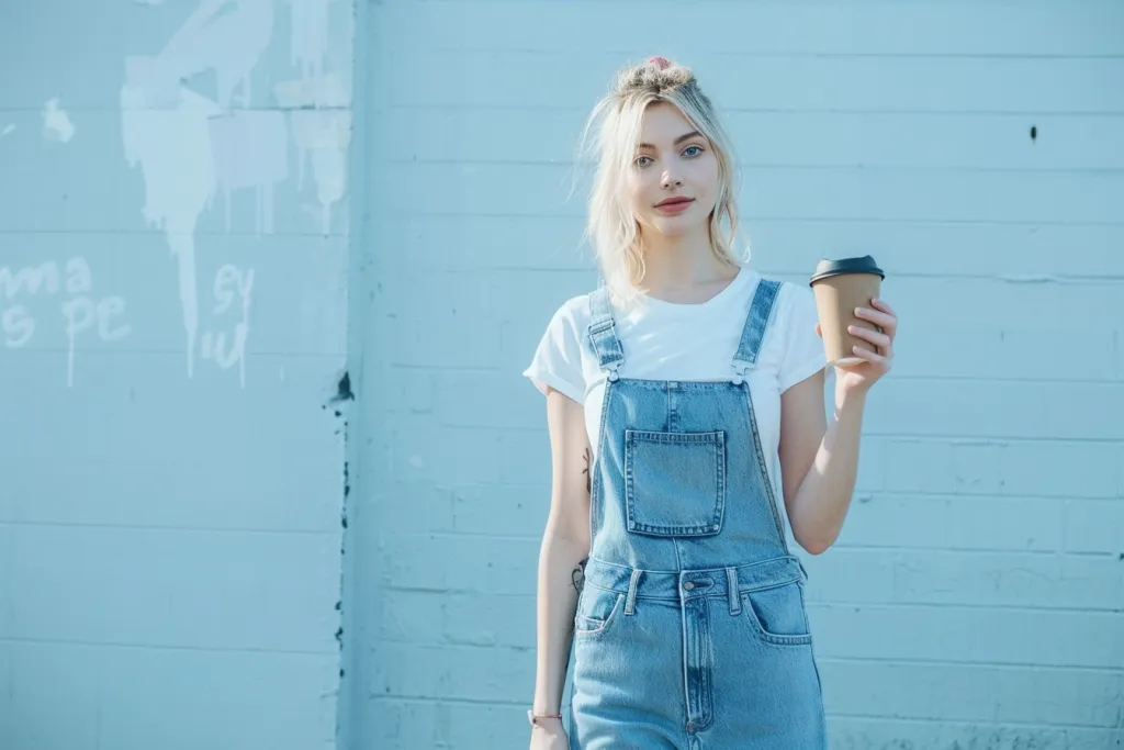 The model is wearing an denim overall dress