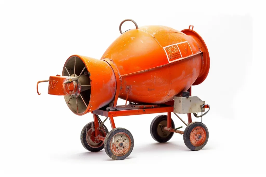 The photo shows a cement mixer in the style