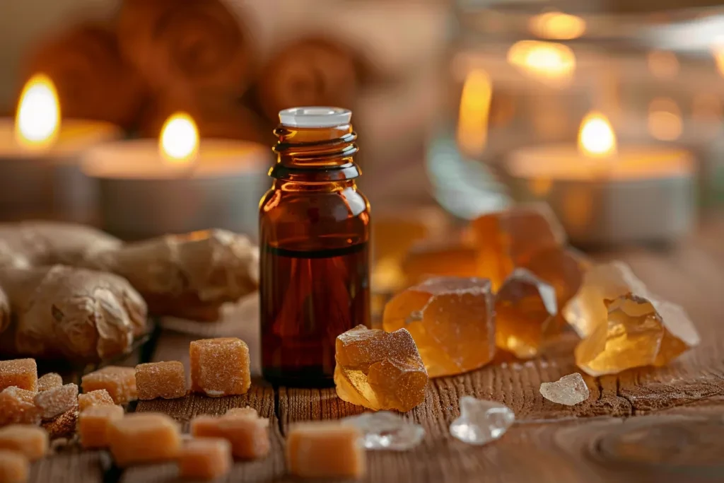 The photo shows an essential oil bottle with sandalwood