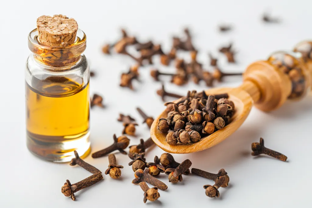 The photo shows clove oil in a glass bottle on the left