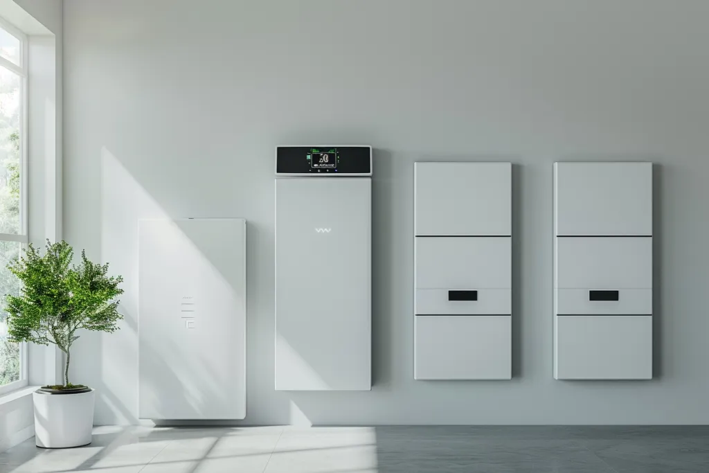 The photo shows three modern home battery storage systems mounted to the inside wall of your house