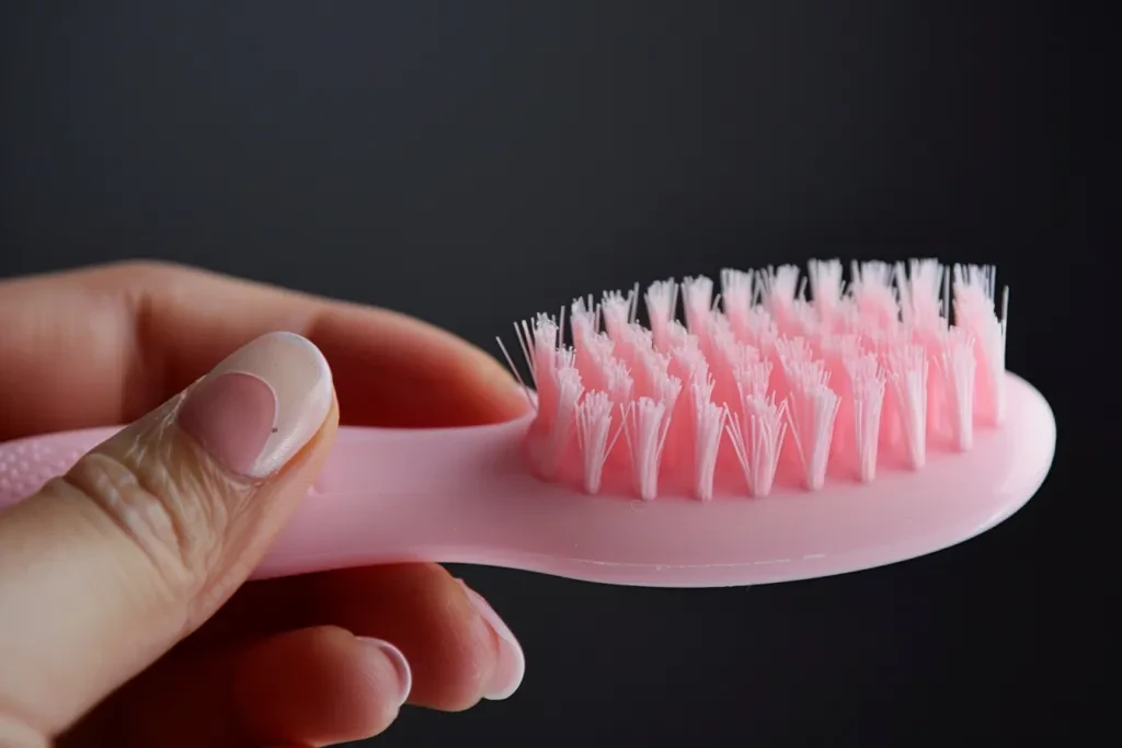 The pink plastic brush is used to clean the nails of young women