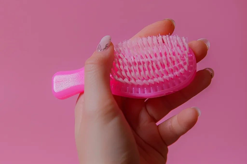 The pink plastic brush is used