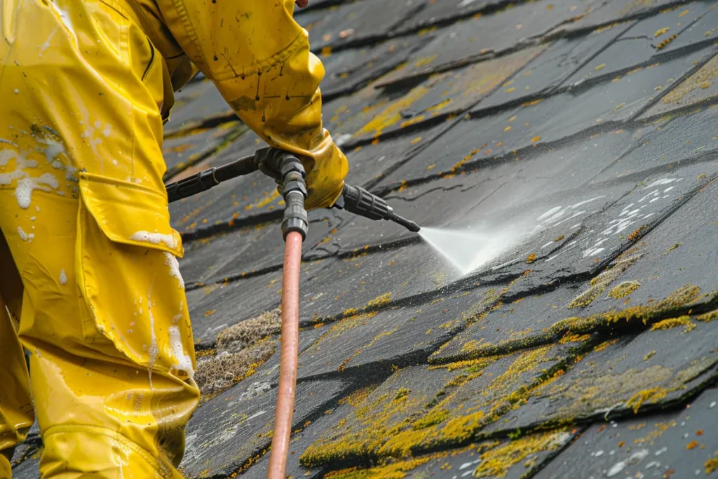 The roof of the house is being dried with high pressure water