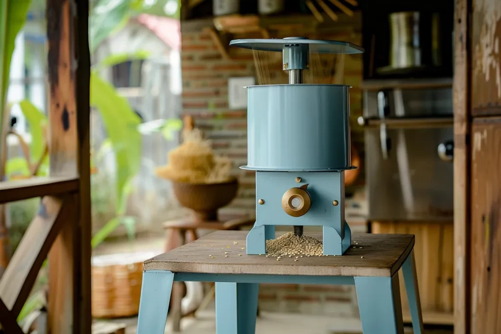 The small electric grain mill has a symmetrical design