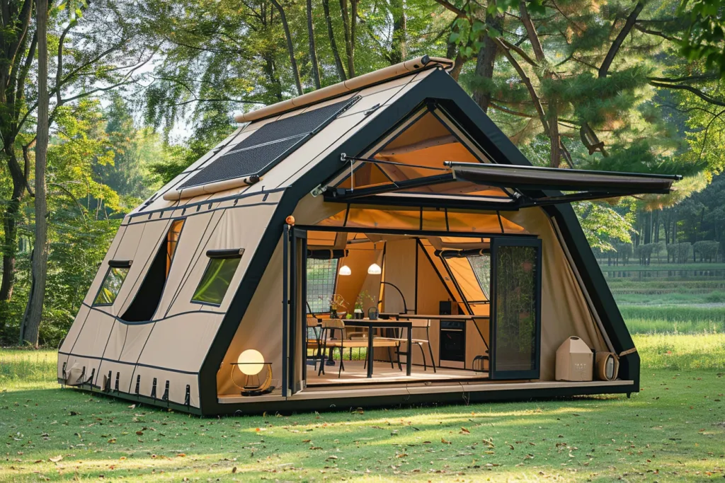 The solar tent is located on the grass, with black frames and beige colored fabric