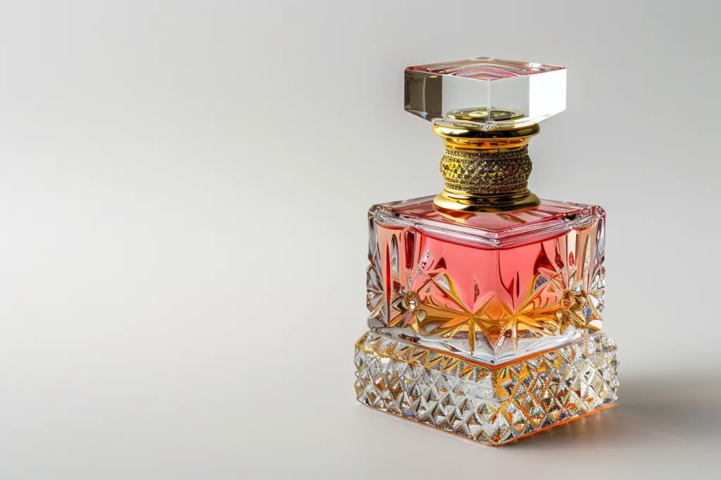 The square perfume bottle is made of glass