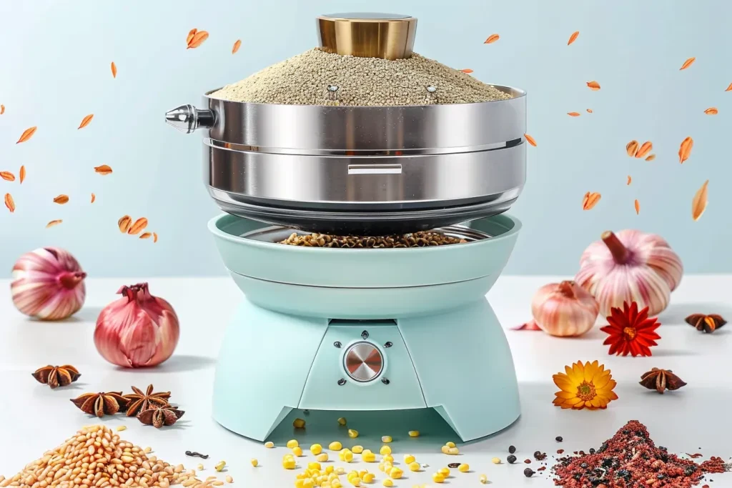 The stainless steel electric grain mill machine has an ice blue color