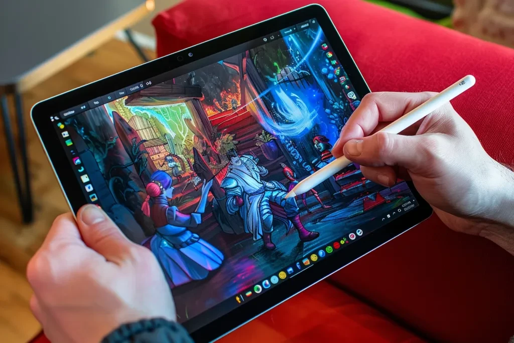 The tablet is being used to draw or paint on the screen