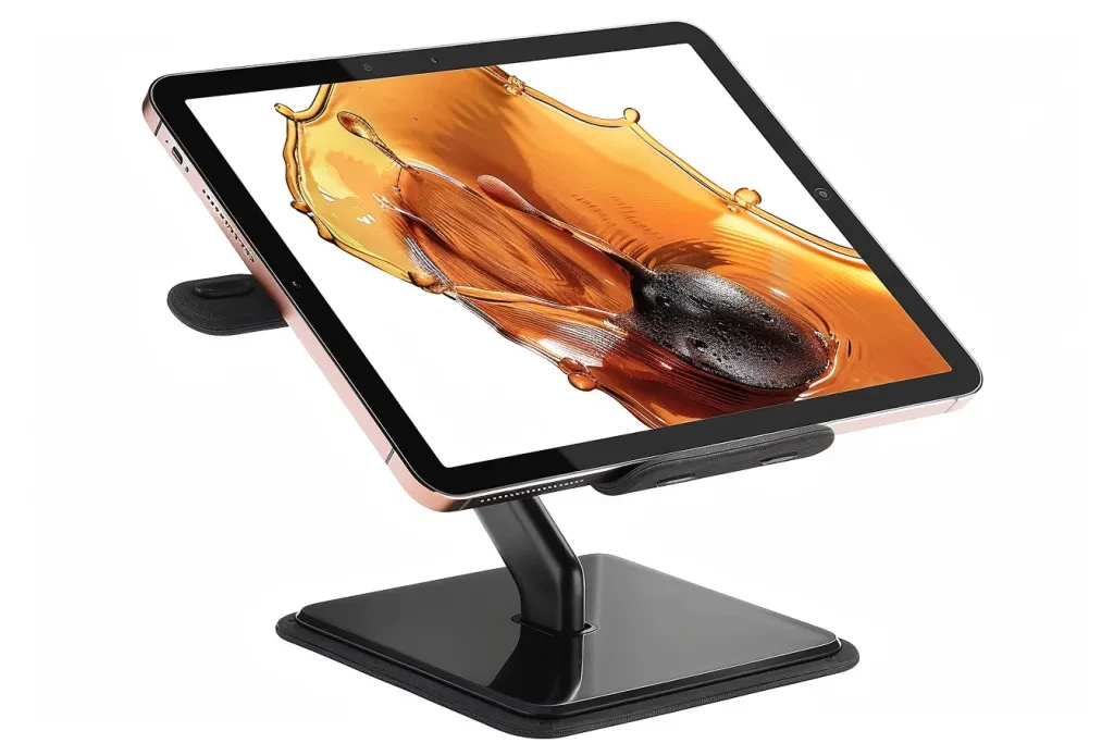 The tablet stand is shown with the black metal frame