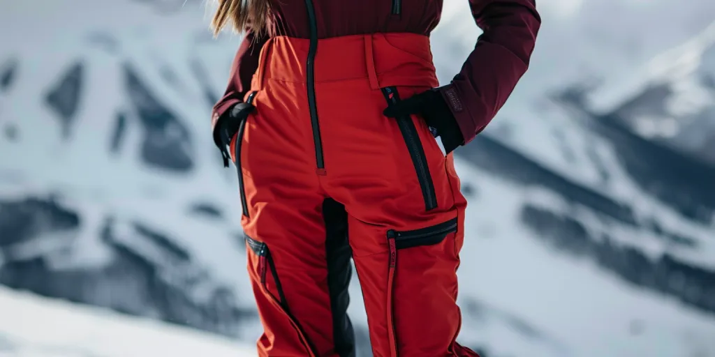 The woman is wearing red ski pants with black zippers