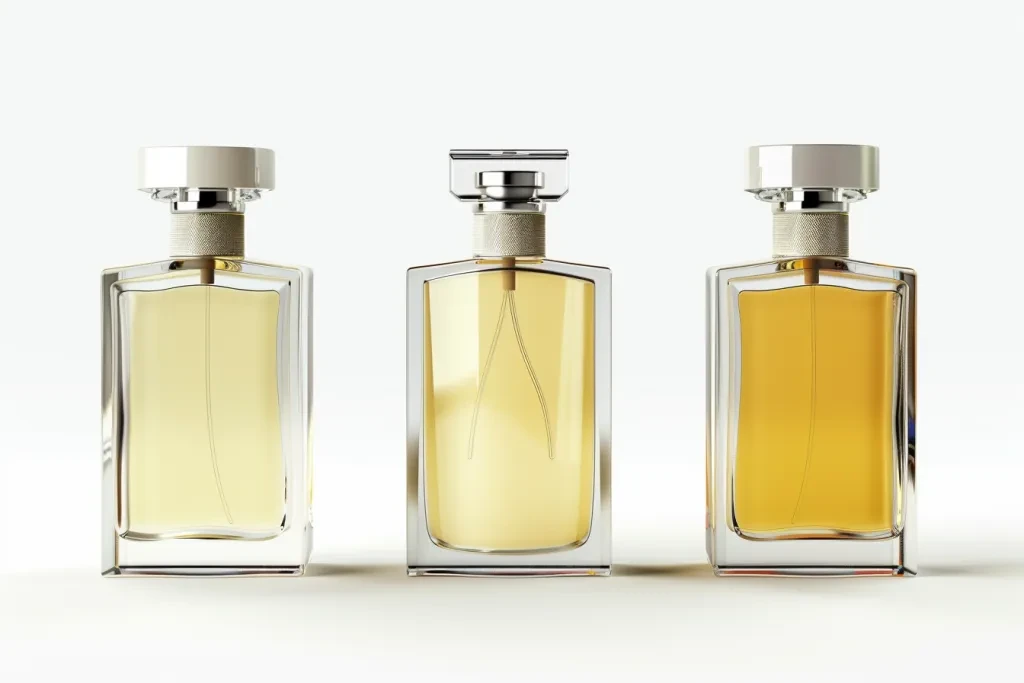 There are 3 different types of perfume bottles on a white background shown