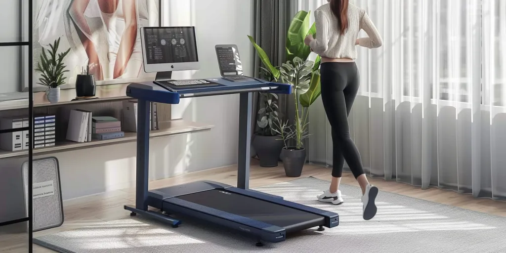 This is an electric treadmill with a table top