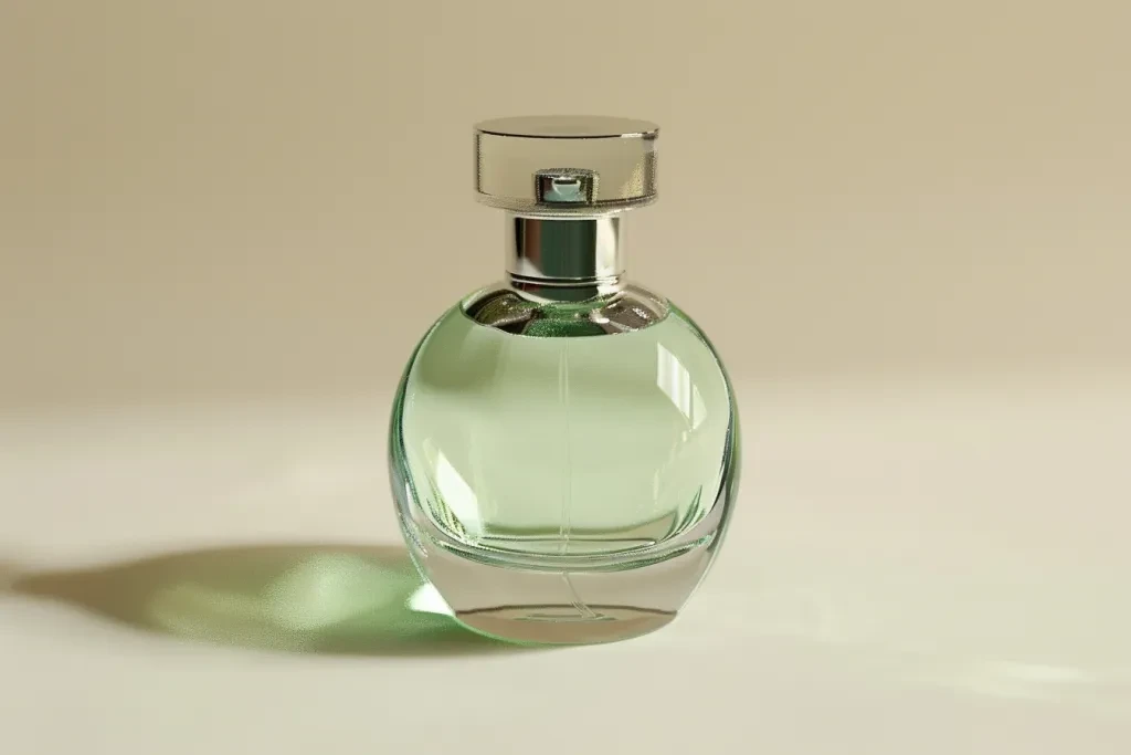 This is an image of the front view of a glass perfume bottle