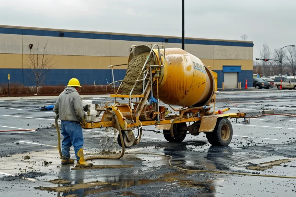 This photo shows the concrete mixer on its trailer