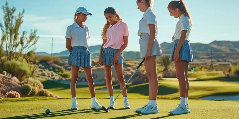 Three young women standing on the green of a golf course