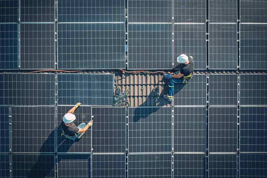 Top view of two men in white helmets and black T-shirts working on the roof, laying solar panels from one side to another