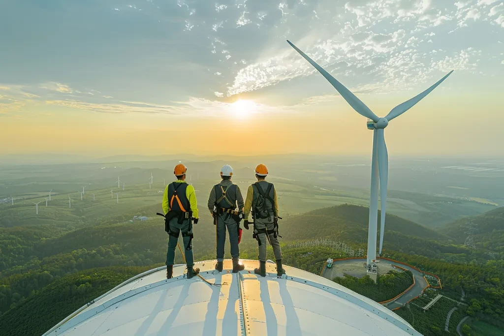 Two engineers standing at the top of a wind turbine for inspecting and maintaining