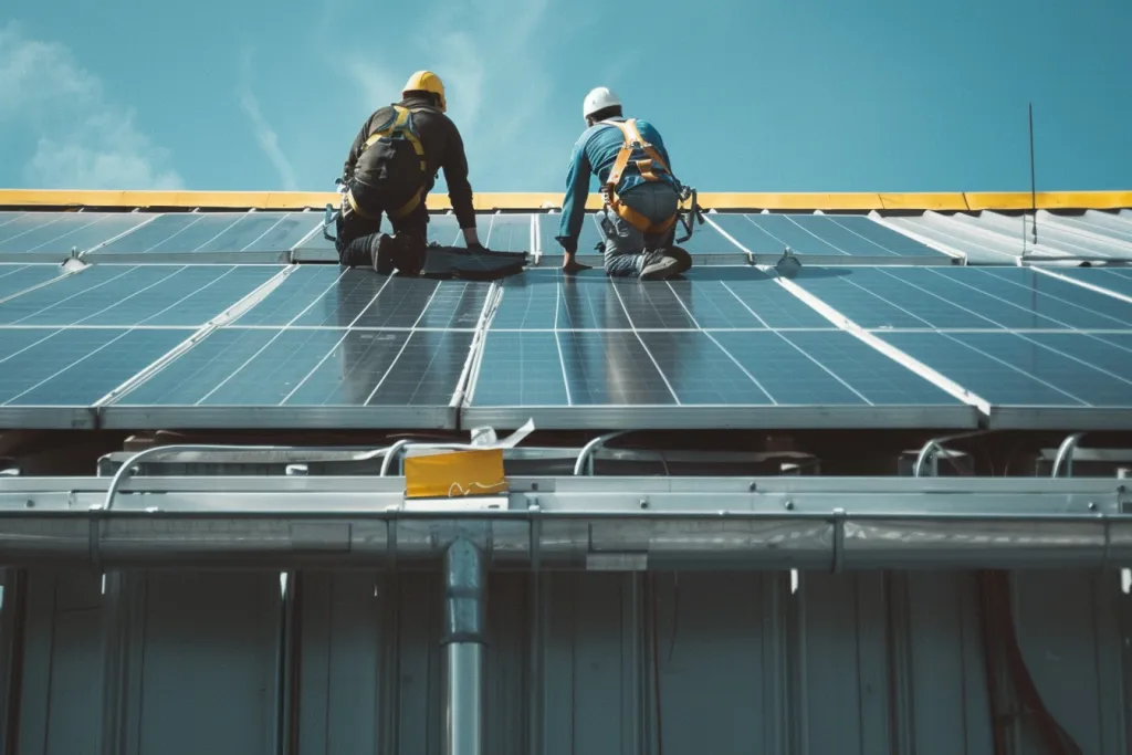Two men working on the roof of an industrial building, installing solar panels