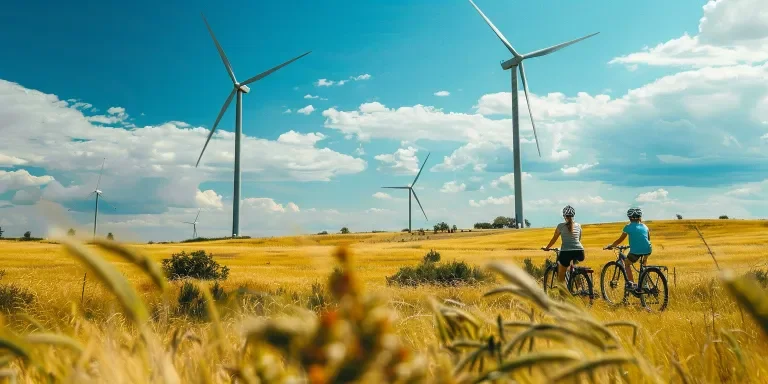 Two people on bicycles stand in front of wind turbines