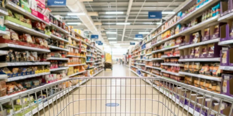 Unrecognizable supermarket aisle as background