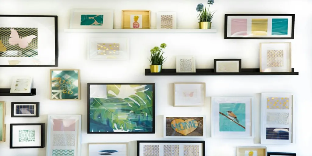 Various colorful framed paintings on wall
