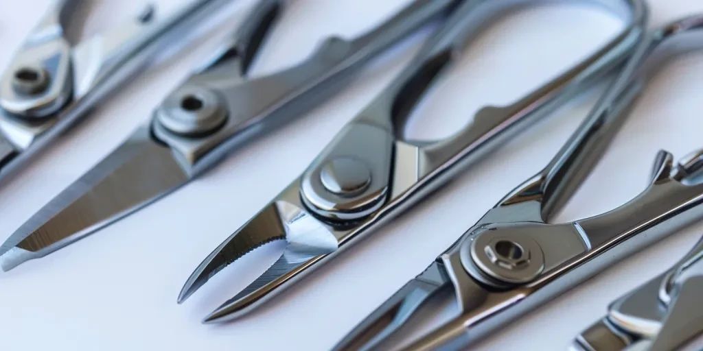 Various types of stainless steel nail clipper with a sharp blade, on a white background, in a high resolution photograph, professional color grading, clean sharp focus, high quality image