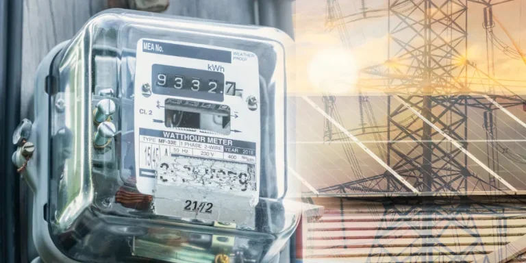 Watt hour meter on rooftop solar, wind turbine, and electric pylon background