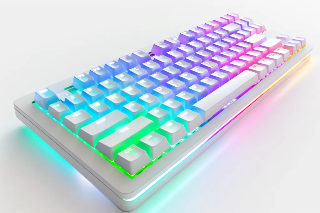 White mechanical keyboard with white keys and colorful LED lights on the side