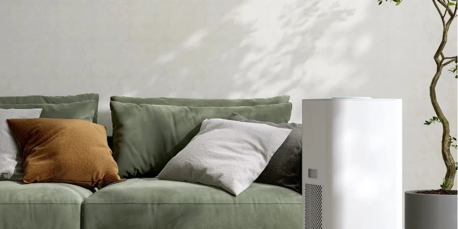 White modern design air purifier, dehumidifier in living room