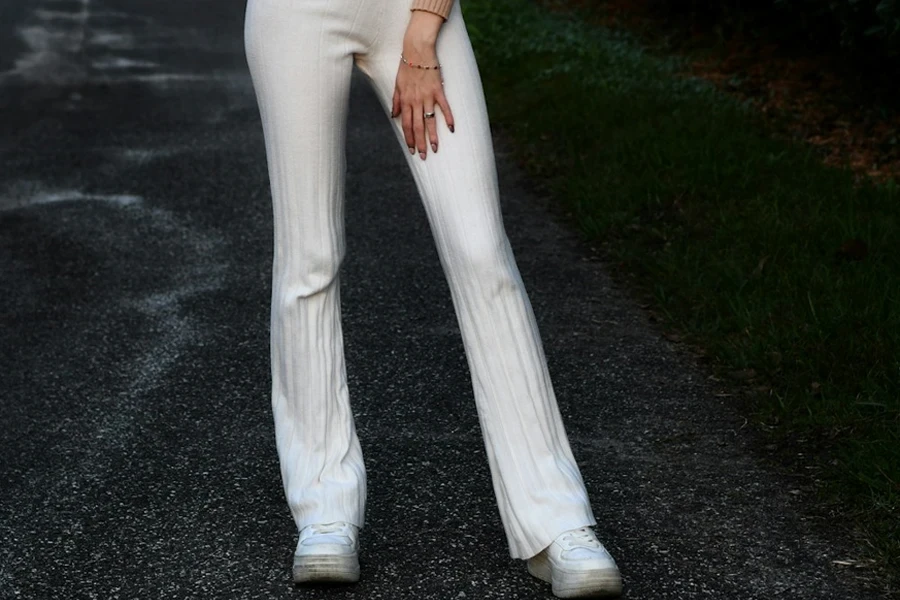 White ribbed knit flare lounge pants