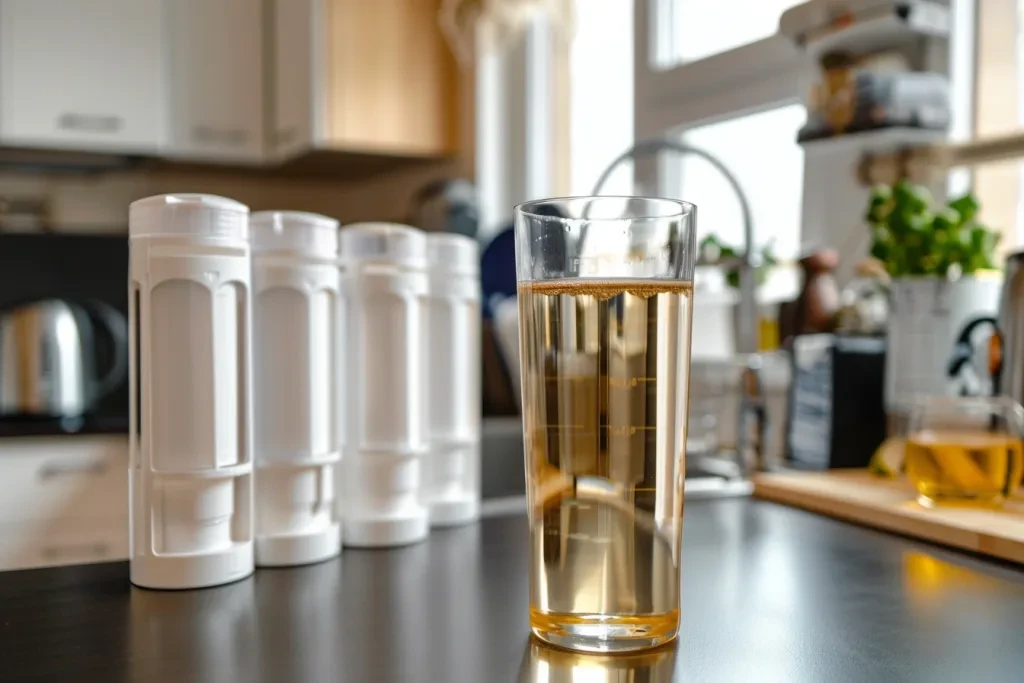 White water filter and a glass of clean yellowish brown liquid