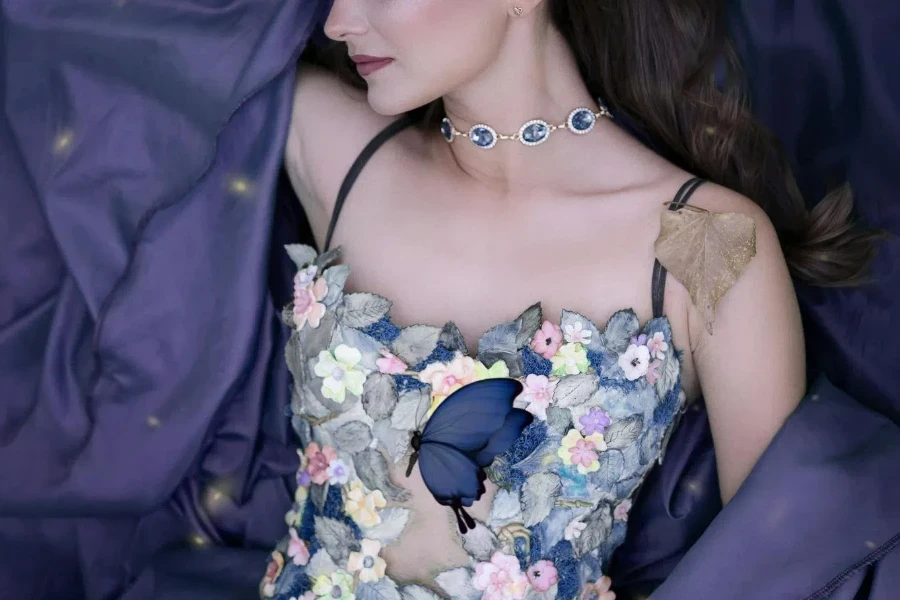 Woman Posing in a Decorative Purple Dress