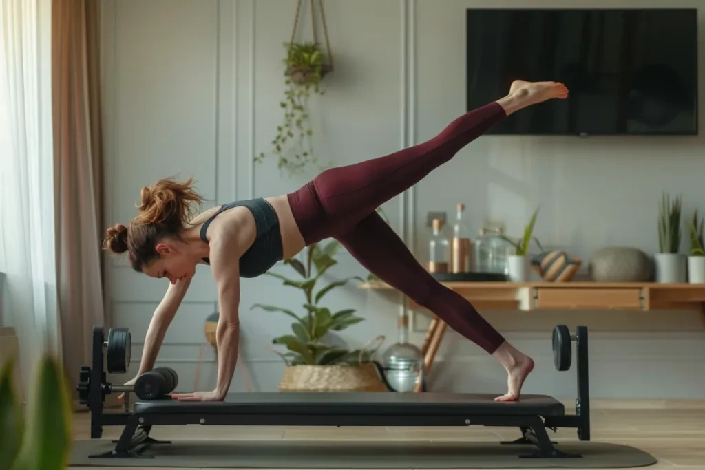 Woman in burgundy yoga pants doing a leg hip arch on a black frame shape includes all the components of pilates