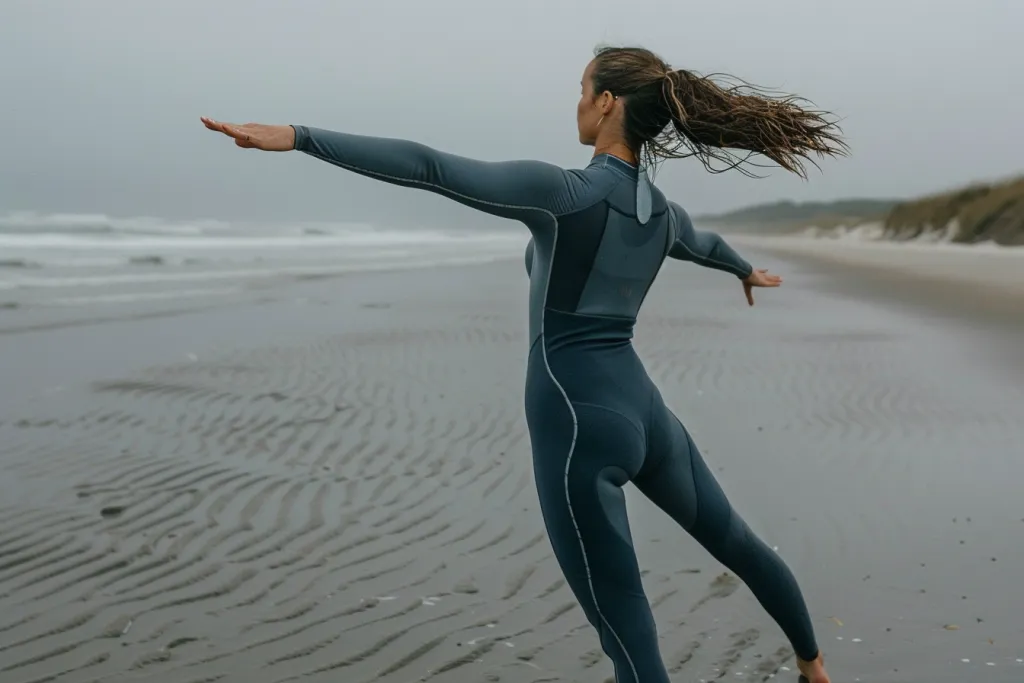 Woman in longsleeve wetsuit stretching on beach