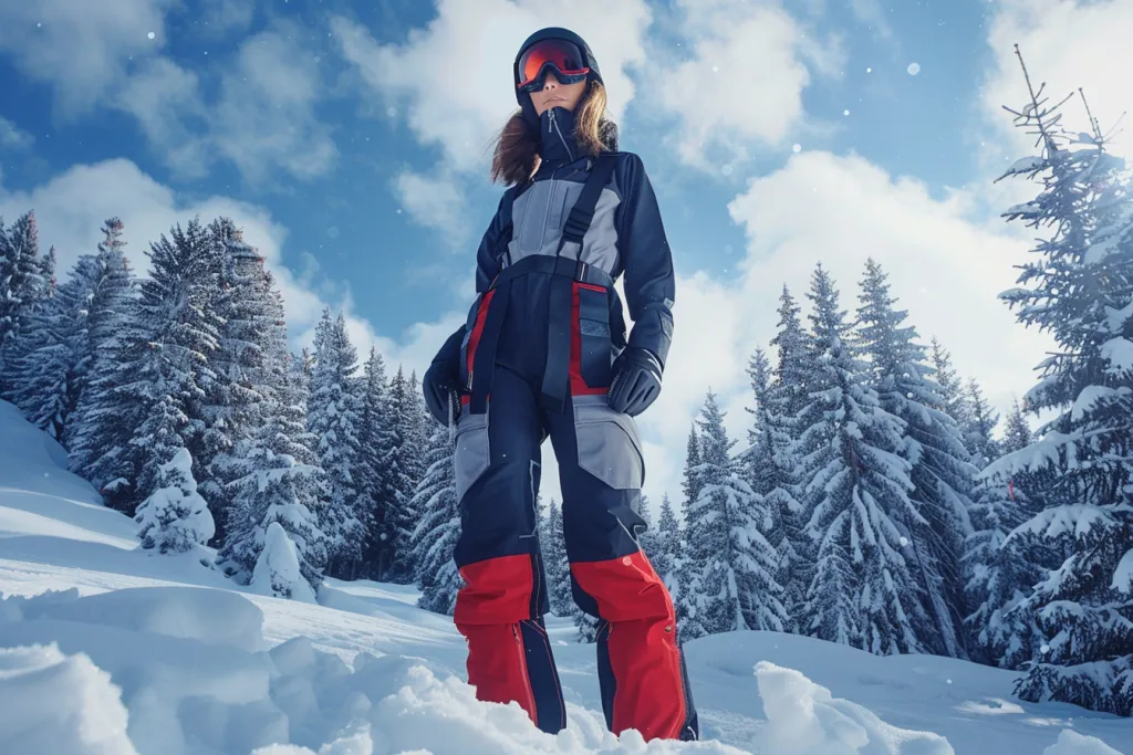 Woman in navy blue, red and grey ski pants with suspenders on top