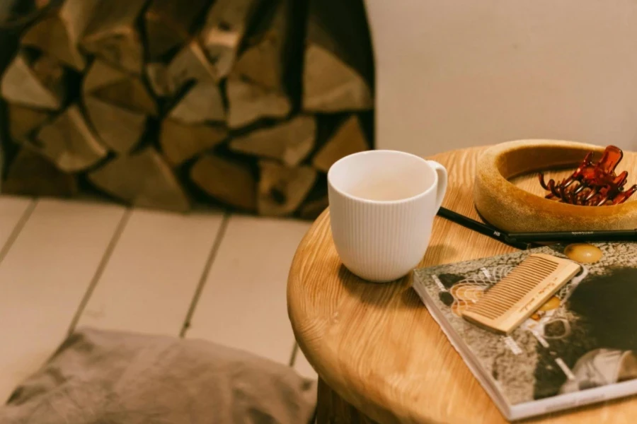 Wooden Coffee Table with Cup and Hair Accessories