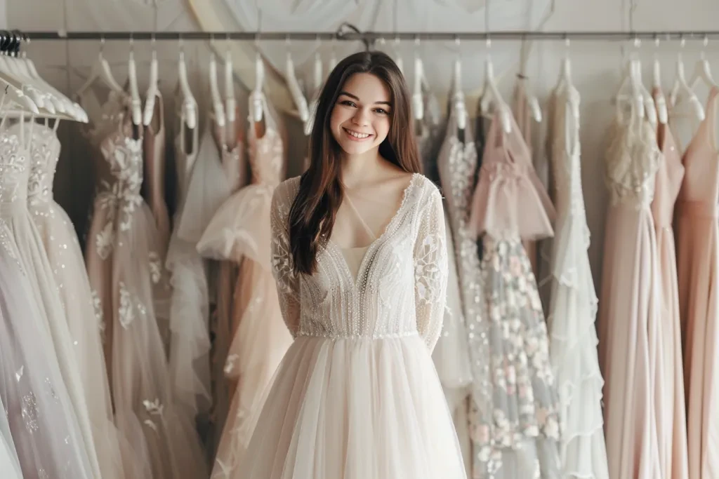 Young beautiful woman chooses a dress in a wedding salon, pastel colors, white background, soft light