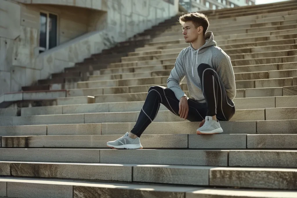 Young man in sportswear stretching his leg on concrete stairs