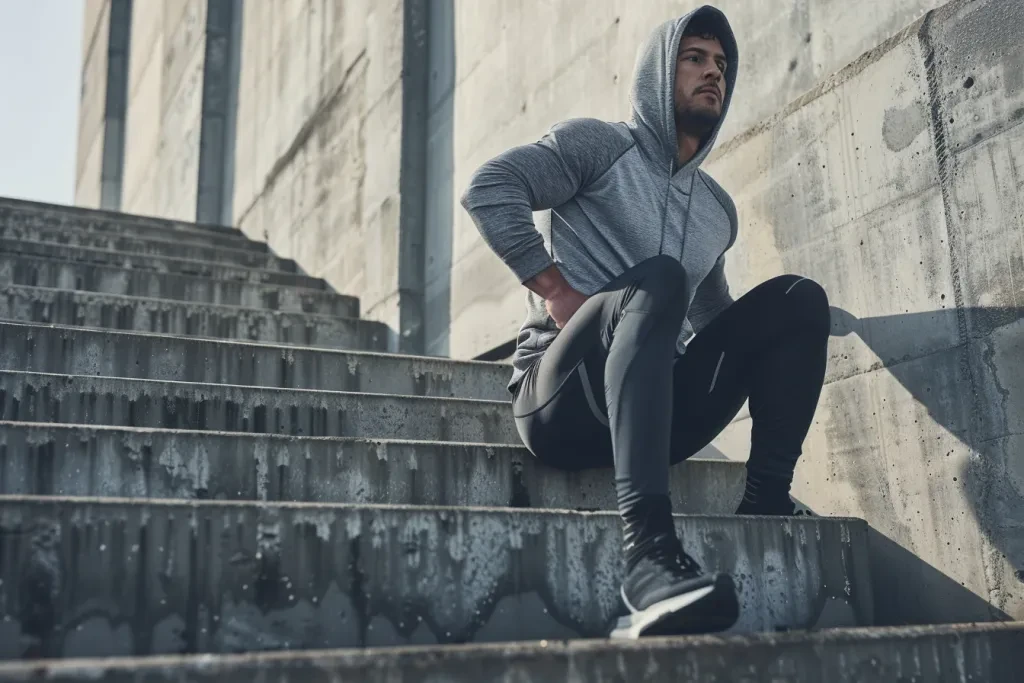 Young man in sportswear stretching his leg