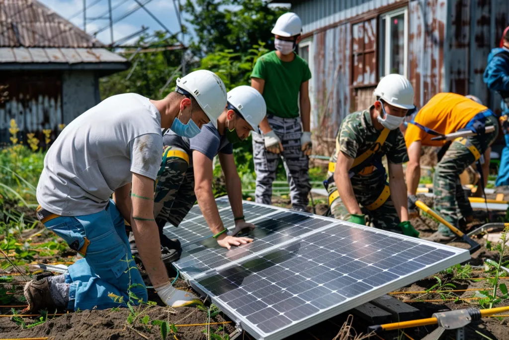 Young men in white helmets and blue pants, wearing green shirts, are setting up solar panels on the farm field with other men holding tools for photovoltaic system installation