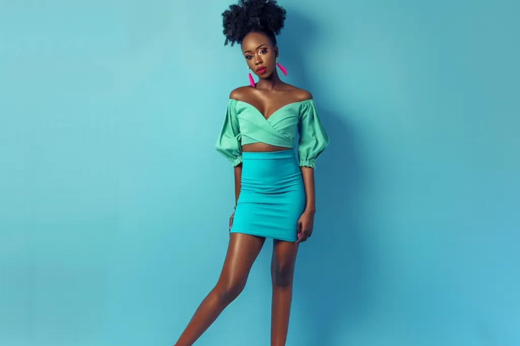 a beautiful African woman with an elegant blue pencil skirt
