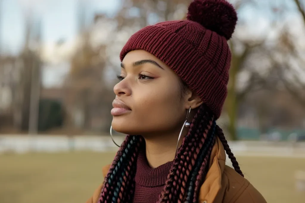 a beautiful black woman wearing maroon beanie hat